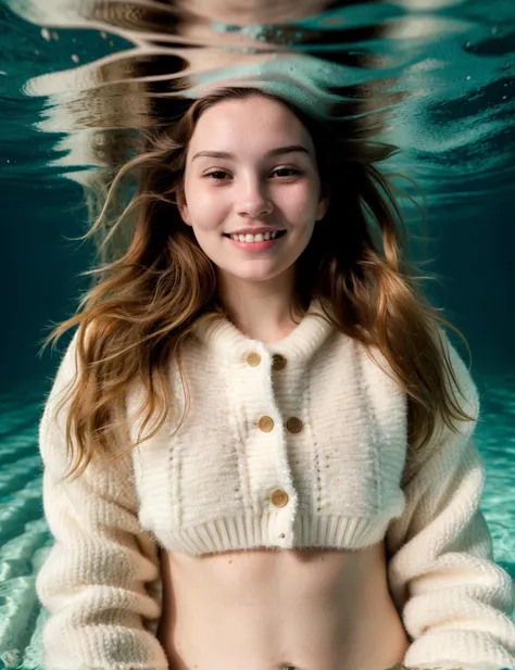 Underwater photography of a 24yo woman wearing a fur sweater underwater, beautiful, smile, joyful, detailed skin, skin pores, photorealistic, best quality, high res, high contrast, very detailed <lora:ASMRDarling_31:1>