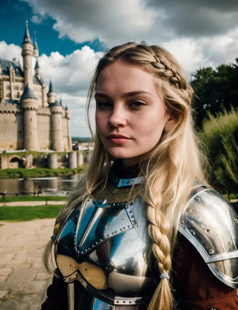 Photography portrait of 21yo girl wearing an armor in the medieval times, long blond hair, castle in the background, gloomy, beautiful, pretty, high quality, lifelike skin texture, photorealistic, very detailed <lora:ASMRDarling_31:1>