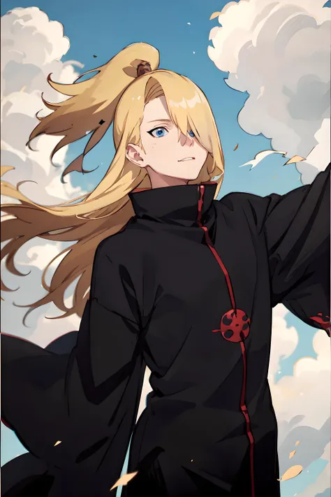 masterpiece, best quality, wallpaper, 4K,
Deidara, solo, long black robes, blue eyes, bangs cover one eye, high collar, relaxed ,dynamic angle,upper body portrait, sneering, beautiful sky background, explosions, akatsuki
 <lora:Deidara-08:0.8>