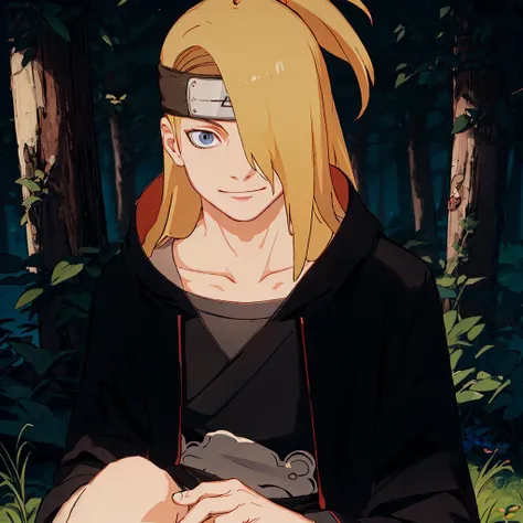 Deidara, 1male, long black robes, smirk, blue eyes, bangs cover one eye, forest background, sunlight, sitting under a tree, upper body