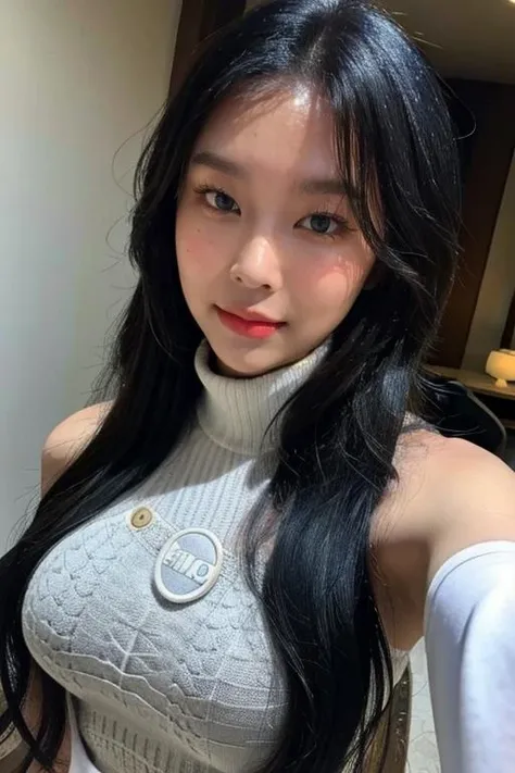 1girl,(masterpiece:1.2), (best quality:1.2), (extremely detailed), selfie from center front, (extremely detailed face), ((ultra-detailed eyes and pupils)), (ultra detailed), 8k, photorealistic, pretty face, smile, instagram shot, instagram style, in the bedroom, looking at viewer, facing front, perfect skin, cinematic lighting, black eyes, upper body, portrait photo, no makeup, nikon RAW photo, 8k ,Fujifilm XT3, photorealistic, detailed face, fair skin, perfect shape, indoors, dim lighting, (looking at viewer:1.2), turtle neck, armpit, <lora:hyebinlorashy:1>