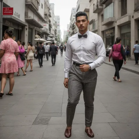 attractive fashionable Hispanic man, walking down the street in Mexico City, detailed, masterpiece,