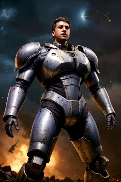 by aaron beck, (redshift, game-rpg fantasy game but extremely beautiful:1.4), Dystopian style, Bleak, post-apocalyptic, somber, dramatic, 1boy, giant futuristic mecha suit in the background, worn and rusted metal, realistic, masterpiece, intricate details, detailed background, depth of field, dynamic pose