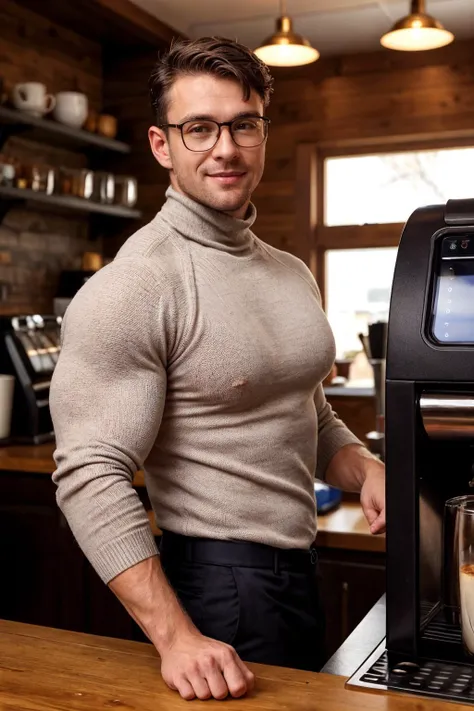 photo of a swedish man, (40 years old), stubble, wearing (see-through turtleneck sweater:1.2), CLOSE portrait kodachrome camera transparency film grain, dramatic lighting, Dark brown hair with highlights, hazel eyes, (smile:0.7), glasses, pants, cafe, (hyper-muscles), bara, coffee, blush, barista, cafe counter, cash register, espresso machine, coffee machine, (huge muscles:1.2), large pectorals, realistic, masterpiece, intricate details, detailed background, depth of field, dynamic pose