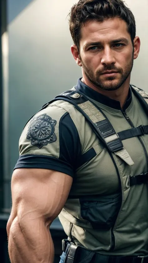 photorealistic, (30 years old), american man, (beard), wrinkled skin, muscular, chris redfield, looking away, realistic, masterpiece, intricate details, detailed background, depth of field