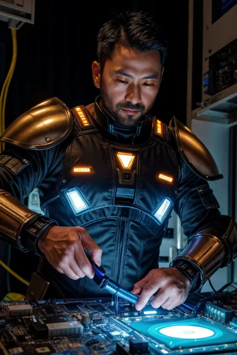 photo of a japanese man wearing futuristic armor made out of ((circuit boards)), electronic parts, microchips, led lights, futuristic lab background, muscular, dynamic angle, (40 years old), beard, realistic, masterpiece, intricate details, detailed background, depth of field, dynamic pose