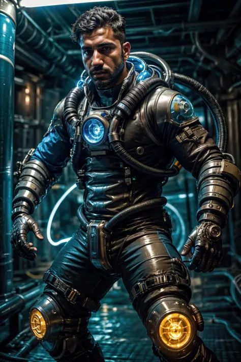 photo of a handsome (middle eastern man), beard, hydr04rmor, wearing hydropunk exosuit, dynamic movement, dynamic pose, glowing, tube, cable,, realistic, masterpiece, intricate details, detailed background, depth of field, dynamic pose, dynamic angle