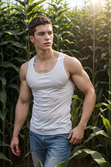 (Masterpiece), (top quality), (best quality), extremely detailed, high quality, highres, an attractive sexy man with a slim body is wearing a white tank top, sunny day in the field full of corn, rural scene, sweating profusely, working under the heat of the sun, farming, rural scenery, <lora:people_count_slider_v1:2>