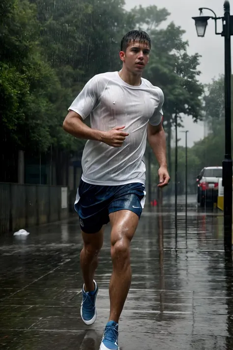 masterpiece, best quality, 1boy, athletic twunk, running on sidewalk, sport shorts, trainers, t-shirt, wet, wet clothes, rain, realistic, dramatic lighting, atmospheric, intricate detail, ((street background)),