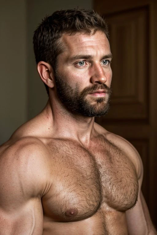photorealistic, (30 years old), american man, (beard), wrinkled skin, muscular, chris redfield, looking away, realistic, masterpiece, intricate details, detailed background, depth of field