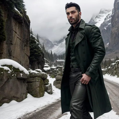 1boy,black hair,green eyes,beard,vampire,black leather trench coat with green embroidery,walking down a stone road,snow covered mountains in the background,(((night))),