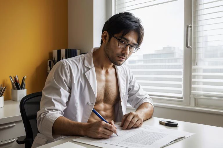photorealistic, far shot, 30 y.o, very hairy chest, 20 y.o (asian man:1.2), straight hair, working behind a desk, serious face, sitting, feet, lean muscular, doctor's office, stethoscope, white lab coat, shirtless, writing on small piece of paper, office chair, wearing glasses, open shirt, very hairy pubes, (highly detailed skin:1.1), window blinds, soft lighting, colorful walls