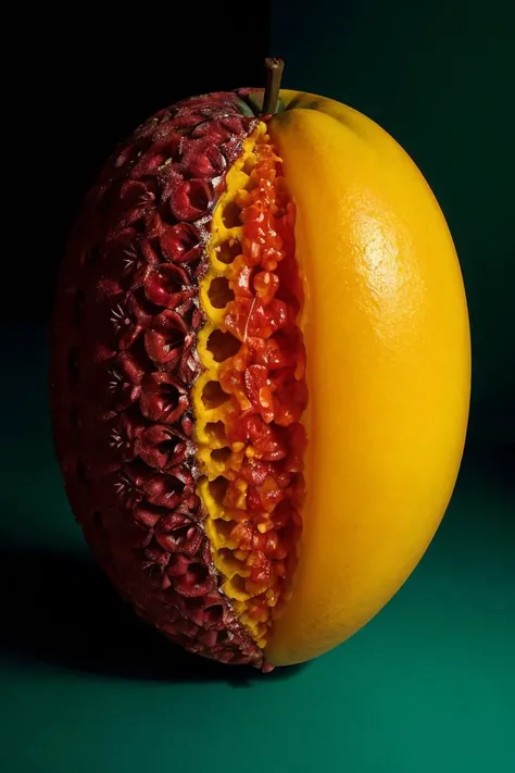 art by Alberto Seveso Mold on Fruit: Macro view of colorful mold growing on fruit, highlighting its fascinating textures and contrasting beauty. (macro, bioluminescent, vibrant, decay)
