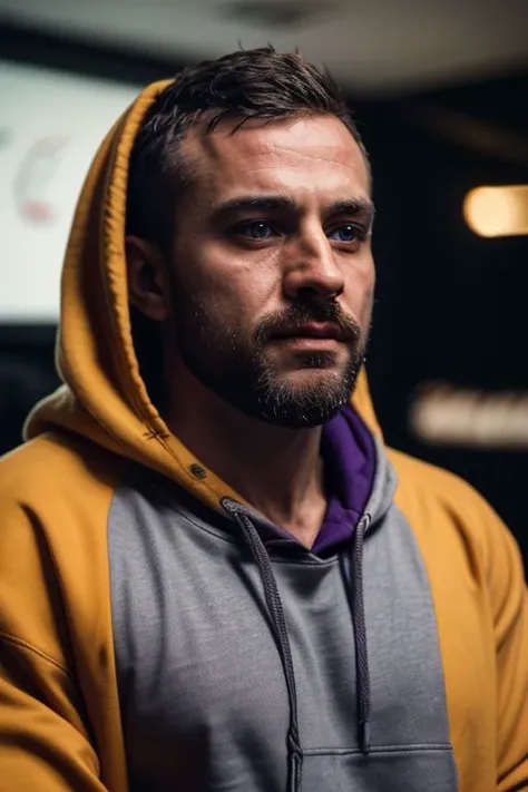 cinematic photo hot bearded man wearing a purple hoodie , POV, looking at viewer, 35mm photograph, film, bokeh, professional, 4k, highly detailed, extreme close up photo