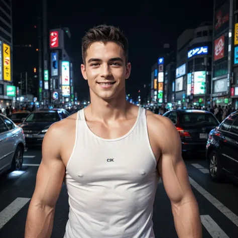 ((masterpiece)), ((best quality:1.2)), High Resolution, 8k, (ultra_realistic:1.3), (photorealistic:1.4), ((handsome man)), instagram model, wearing white tank top with glowing lining, neon city lights, sharp focus, Shibuya crossing, Tokyo, cars, soft lighting, looking at viewer, (smirk)