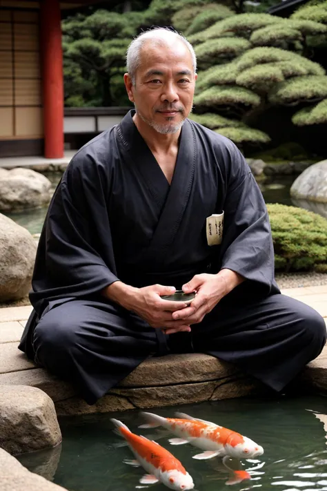 photo of a handsome muscular japanese man in his 50s wearing black kimono, beard, japanese tea ceremony, traditional japanese house interior, ((zen garden)), seiza, koi pond inbackground, realistic, highly detailed, realistic eyes, intricate details, detailed background, depth of field, dynamic pose, dynamic angle, action shot