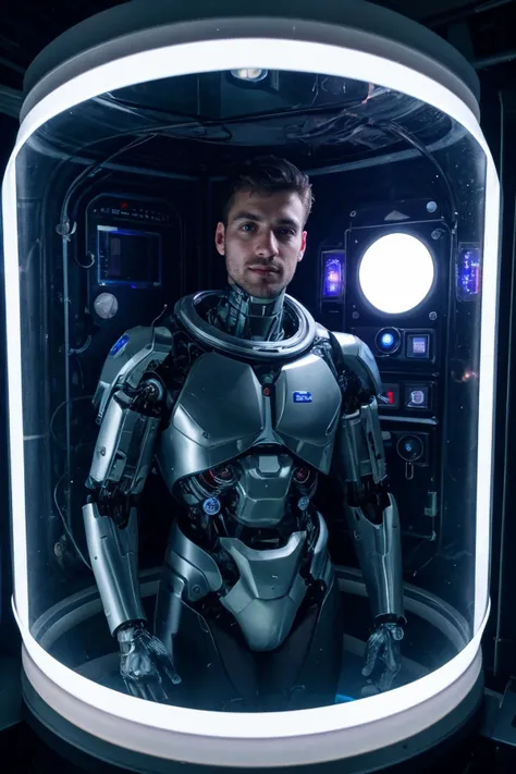 photo of a handsome male cyborg made of transparent glossy glass skin surrounded with glowing tubes inside an incubator of a futuristic hospital bio lab, muscular, space art concept, science fiction, RAW photo, 8k uhd, dslr, soft lighting, high quality, film grain, Fujifilm XT3, realistic, highly detailed, realistic eyes, intricate details, detailed background, depth of field