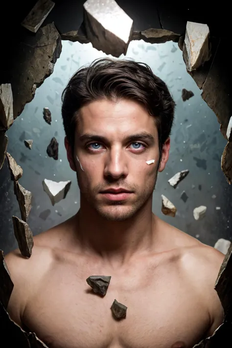 photo of a man, shattered reference of mind, fractured reflection, delirious, shards of a fractured and cracked face, (floating broken shards, refractions), nude, realistic, highly detailed, realistic eyes, intricate details, detailed background, depth of field