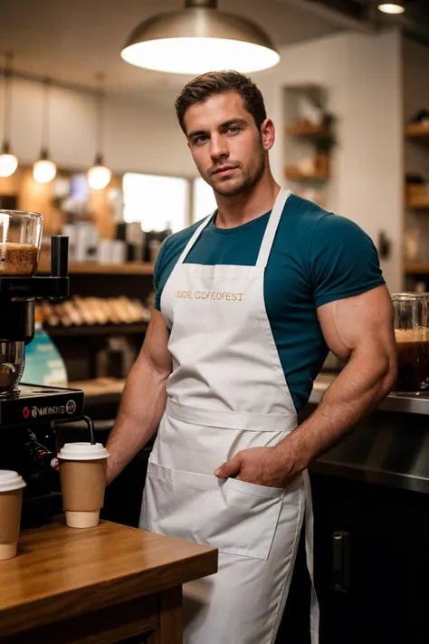hot handsome male barista, very tall+, standing behind counter, giving coffee cup to a customer, wearing tiny green apron, detailed skin, huge pectorals, huge muscles, very narrow waist. masculine, manly, realistic, highly detailed, realistic eyes, intricate details, detailed background, depth of field, ((analog photo:1.2)), (subsurface scattering, filmic, chiaroscuro, soft light, vibrant colors:1.2), (vacations, selective focus, European film, still, film grain:1.2)