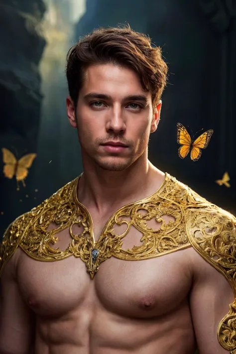 portrait of a handsome rugged redhead male, elegant, highly detailed, majestic, art by artgerm and ruan jia and greg rutkowski surreal painting gold butterfly filigree, broken glass, surreal, fantasy art, muscular, large pectorals, realistic, highly detailed, realistic eyes, intricate details, detailed background, depth of field