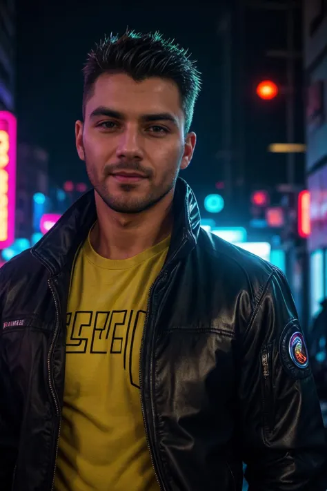 realistic, masterpiece, intricate details, detailed background, depth of field, cinematic, muscular, photo of a handsome man, wearing futuristic black jacket with glowing lining, neon city lights, sharp focus, futuristic cyberpunk city street, soft lighting, looking at viewer, (smirk:0.7), face portrait, close up, cybernetic parts, science fiction,