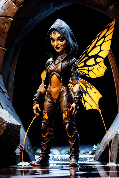 Dvorah, black eyes, black lips, black sclera, facial mark, bug wings, Ovipositors, arthropod girl,bald, hood, torn clothes, looking at viewer,smiling, full body shot,
standing, inside a cave, beehive, insects, rocks, puddle, dark, high quality, masterpiece, <lora:Dvorah:.8>