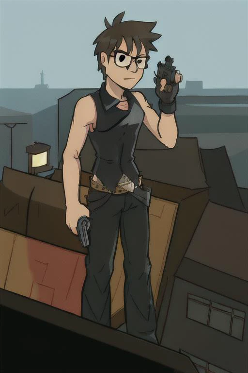 1man, black glasses, long leather coat, leather pants, black sleeveless shirt, holding a pistol in both hands, <lora:90sKeanuReevesLora_v10:1>, Kreeves, on the top of a building with a heliport, clear day