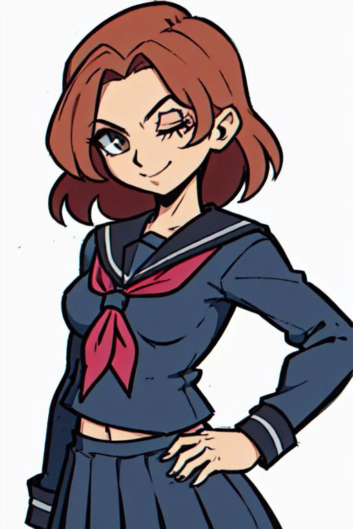 ((masterpiece), best quality), ((1girl)), comic style, petite, small breasts, school uniform, light brown hair, midriff, looking at viewer, <lora:Melina:.8> melina \(elden ring\), one-eyed, one eye closed, scar, scar across eye,