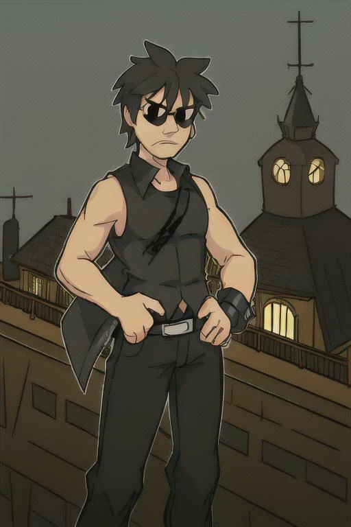 1man, black glasses, long leather coat, leather pants, black sleeveless shirt, holding a pistol in both hands, <lora:90sKeanuReevesLora_v10:1>, Kreeves, on the top of a building with a heliport, clear day