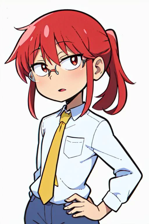 ((masterpiece), best quality), ((1girl)), comic style, <lora:MissKobayashi:1> kobayashi \(maidragon\), ponytail, glasses, sanpaku, red eyes, white shirt, red hair, collared shirt, pants, yellow tie, flat chest,