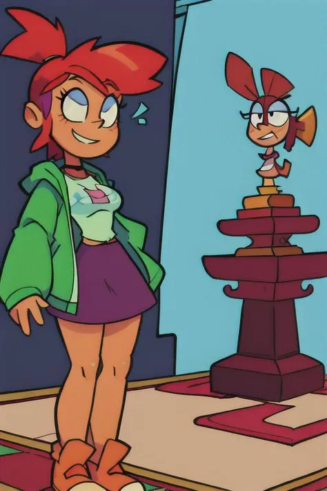 1girl, mansion, pedestals, statues, staricase with red rugs, tapestry, Frankie Foster <lora:frankieFosterLora_v1:0.6> Frankie Foster, 80's anime style, skirt, t shirt, jacket