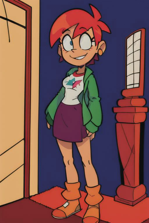 1girl, mansion, pedestals, statues, staricase with red rugs, tapestry, Frankie Foster <lora:frankieFosterLora_v1:0.6> Frankie Foster, 80's anime style, skirt, t shirt, jacket