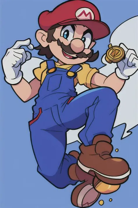 <lora:SuperMario:0.4>
SuperMario wearing overalls and holding coins in his hand, jumping in the clouds