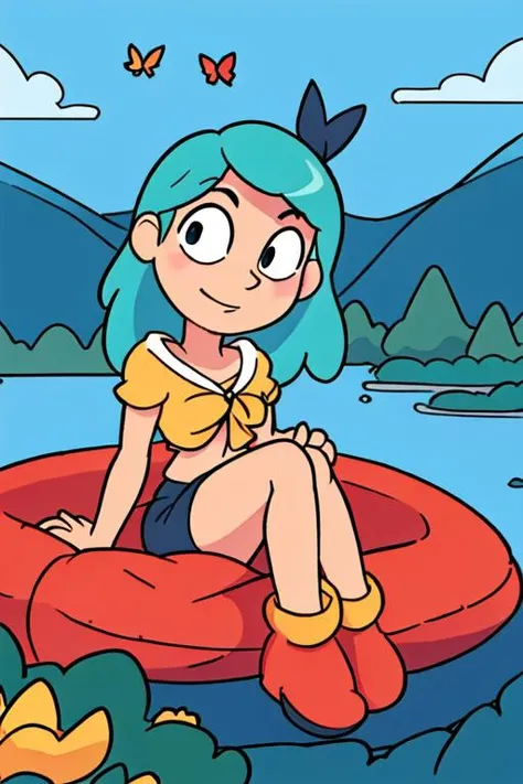 1girl, solo, blue hair, aqua hair, , <lora:hildaNetflixSeries_v10:0.6>, sitting in a bed of flowers, by a lake in the forest, god rays, bright day, light blue sky, butterflies, close up, black pupils, 80's anime style,