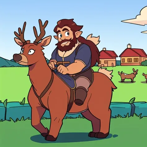 (a dwarf man:1.5), male, solo, (beard:1.3), looking at viewer, happy expression, (riding on a deer:1.2), (perfect eyes:1.2), (full body:1), a farm in background