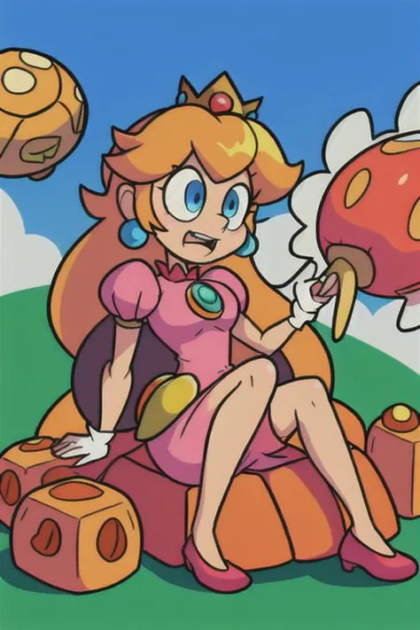 <lora:princessPeachCharacter_v10:1>, princess peach sitting on top of a floating brick block, holding coins in her lap, eating a red spotted mushroom, angry sun, desert pyramids, turtles walking, pink dress, crown,