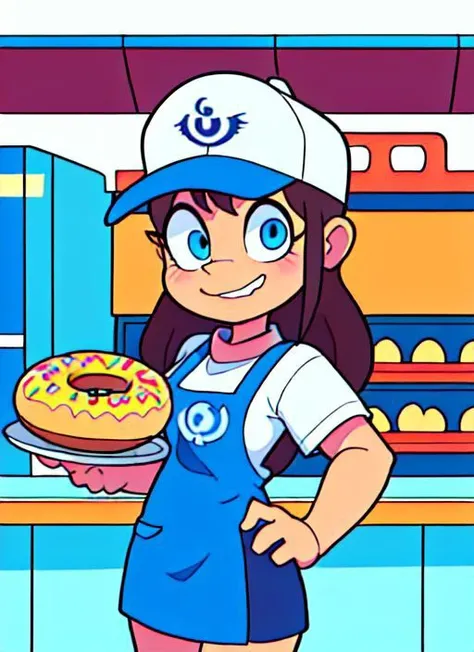 in a fast food uniform with a blue apron, in a donut shop, donuts on the shelves, donut logo and lights, paintings of donuts, icing spilled everywhere,, bubbles in the sink, pov, flat chest, holding a tray of iced jelly donuts with jelly spilling out of them, happy expression with mouth open, winking