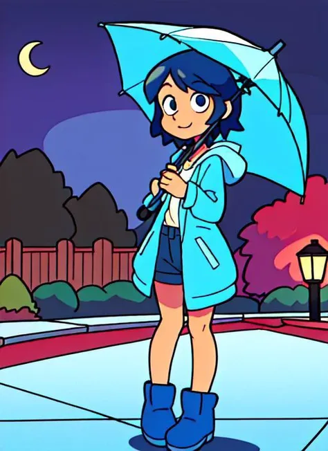 under an umbrella in the rain, blue raincoat, under a bright street light in the night, crescent moon, american neighborhood with gorgeous townhomes, shooting stars, bushes, parked cars in driveways