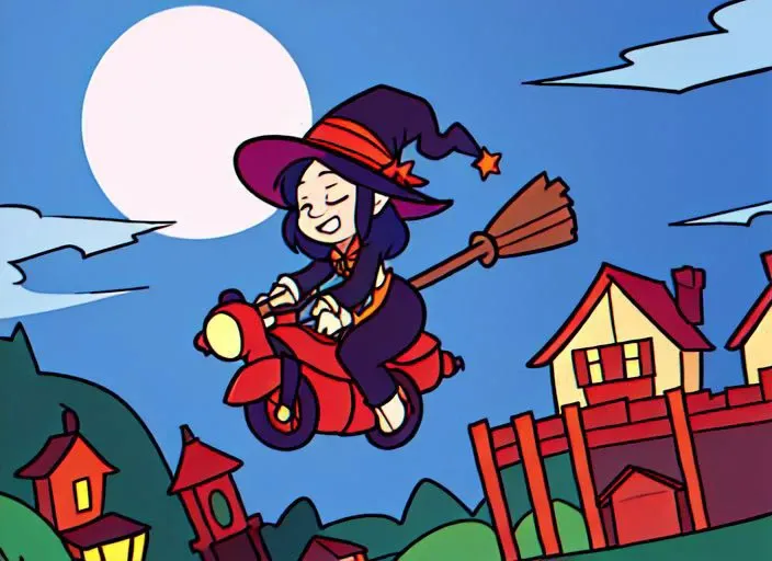 a witch with pointed hat riding the broom flying in the full moon, sleeping town, lamp posts, rim lights,
