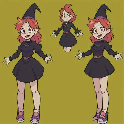 <lora:Everly_Heights_Character_Maker_1.5:1> 4view, Teen Witch with red hair wearing a black dress pointed hat and sneakers