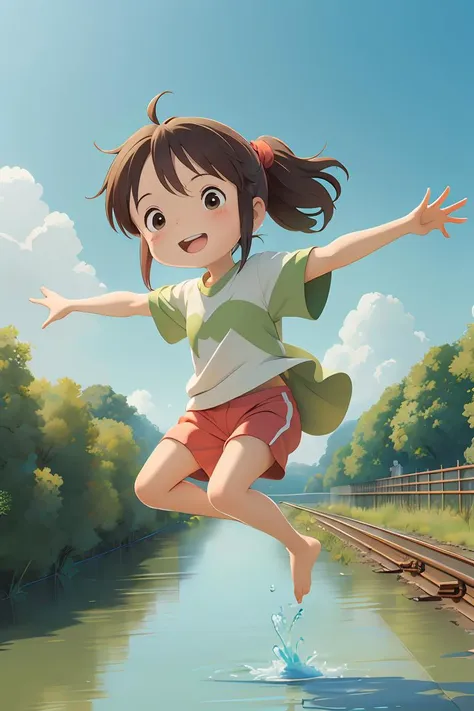 (masterpiece:1.2), (best qualit:1.2), (high resolution:1.2), ogino chihiro, smile, ponytail, long arm shirt, red shorts, barefoot, railroad tracks, balancing, outstretched arms, water ,colorful, high contrast
,<lora:GoodHands-beta2:1>,   <lora:chihiroOgino_v11:0.8>