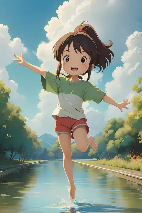 (masterpiece), (best qualit), (high resolution), ogino chihiro, smile, ponytail, long arm shirt, red shorts, barefoot, railroad tracks, balancing, outstretched arms, water ,colorful, high contrast ,<lora:GoodHands-beta2:1>, <lora:chihiroOgino_v11:0.8>