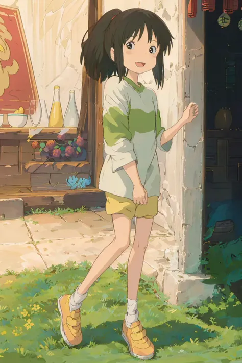 (masterpiece:1.4), (best qualit:1.4), (high resolution:1.4), ogino chihiro, ponytail, long arm shirt, shorts, yellow shoes, indoors, east asian architecture, smile, ;D ,colorful, high contrast, cinematic light, glass in background <lora:chihiroOgino_v11:1.5>