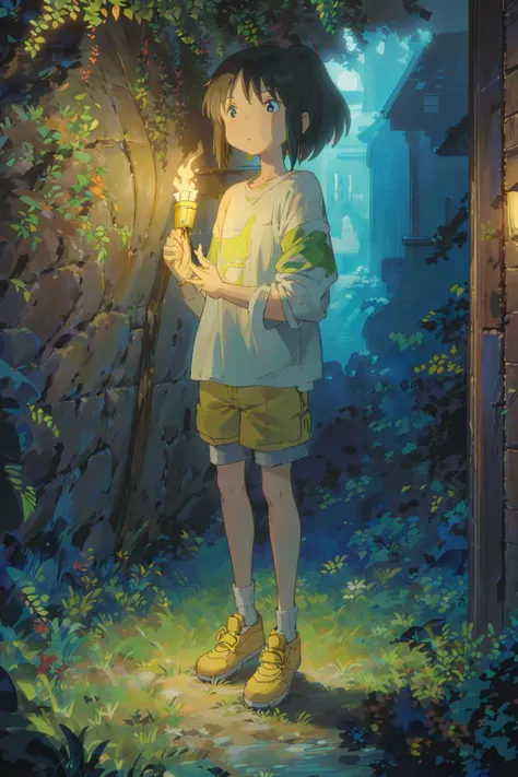 (masterpiece:1.4), (best qualit:1.4), (high resolution:1.4), ogino chihiro in a cave (carries a torch in his hand:1.5), ponytail, scared, long arm shirt, shorts, yellow shoes ,colorful, indoor, clostrophobic, high contrast <lora:chihiroOgino_v11:1> <lora:howllatentDADAP4:1>