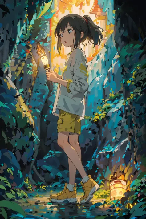 (masterpiece:1.4), (best qualit:1.4), (high resolution:1.4), ogino chihiro in a cave (carries a torch in his hand:1.5), ponytail, scared, long arm shirt, shorts, yellow shoes ,colorful, indoor, clostrophobic, high contrast <lora:chihiroOgino_v11:1>