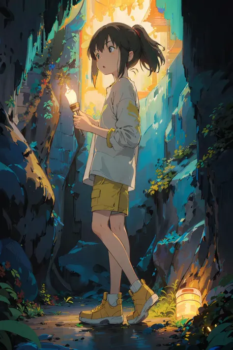 (masterpiece:1.4), (best qualit:1.4), (high resolution:1.4), ogino chihiro in a cave (carries a torch in his hand:1.5), ponytail, scared, long arm shirt, shorts, yellow shoes ,colorful, indoor, clostrophobic, high contrast <lora:chihiroOgino_v11:1>