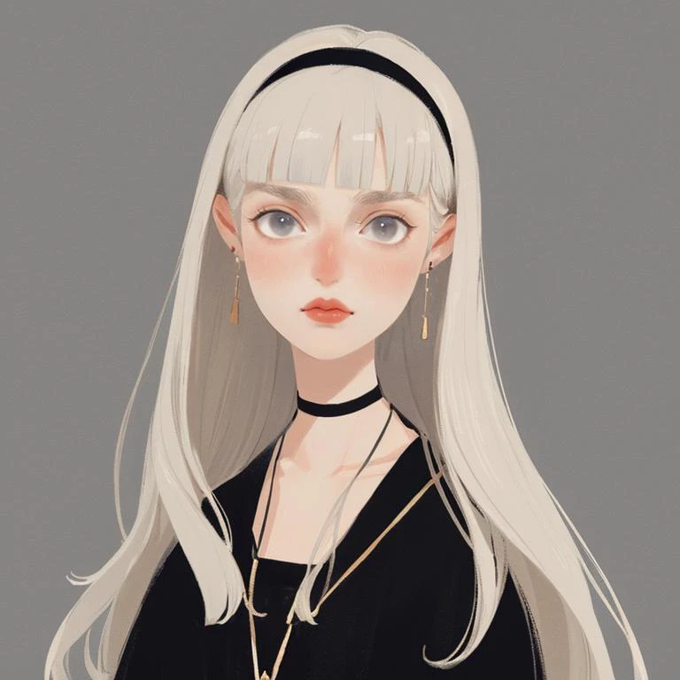 girl, solo, illustration, long hair, necklace, white hair, hairband, looking at viewer, jewelry, realistic, upper body, lips, grey background, bangs, simple background, blonde hair, brown eyes, closed mouth, red lips