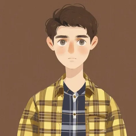 young man, flat illustration, brown short hair, tan skin, brown eyes, plaid shirt, portrait