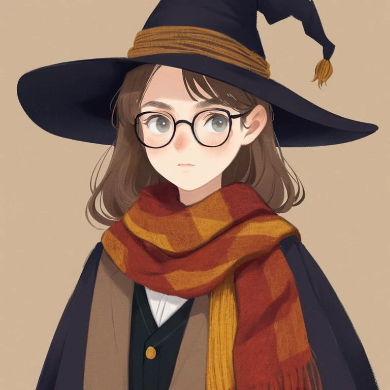 young, witch, hat, brown hair, glasses, scarf, Gryffindor, magic, cute, cartoon