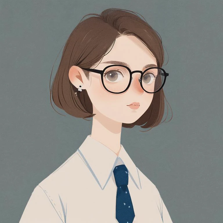 girl, illustration, portrait, short brown hair, glasses,  flowers, white shirt, blue tie, earrings